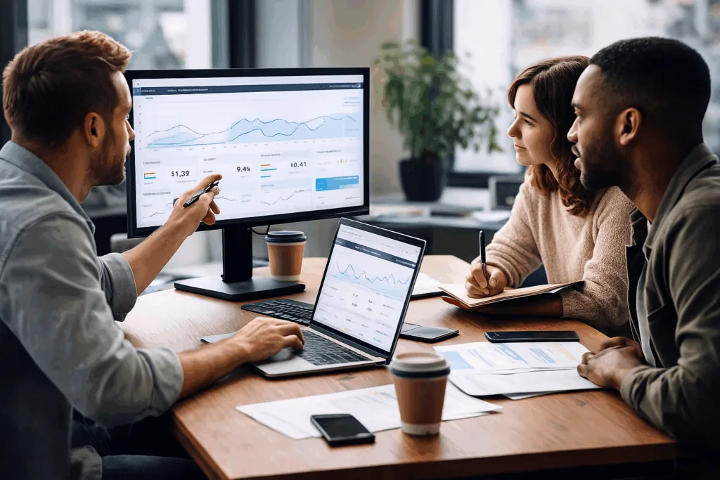 Marketing team reviewing ad performance data together