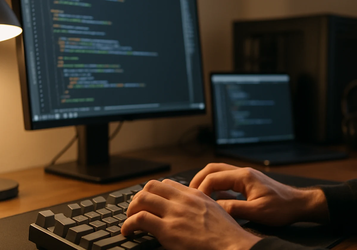 A developer's hands typing rapidly on a mechanical keyboard