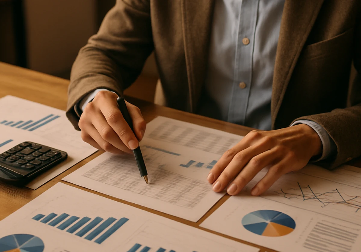 A marketing professional at a wooden desk covered