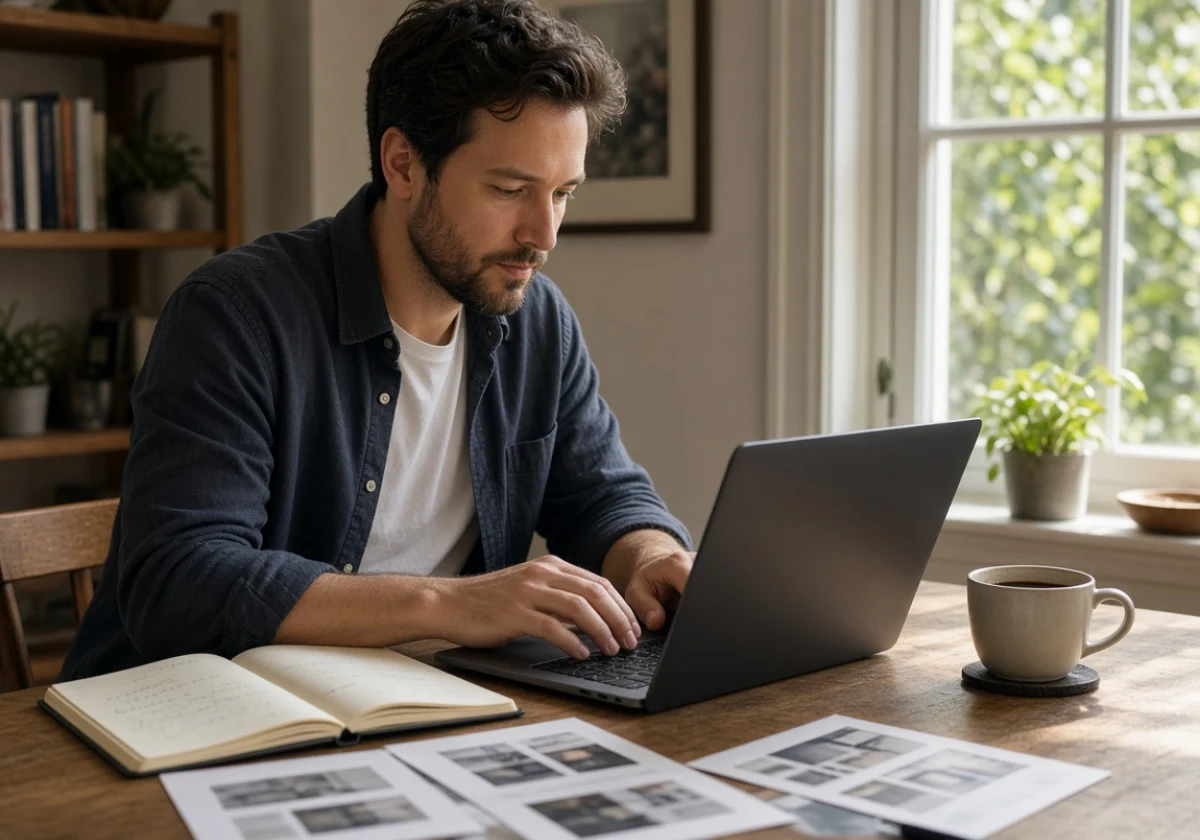 Business owner at a home desk with natural afternoon window light