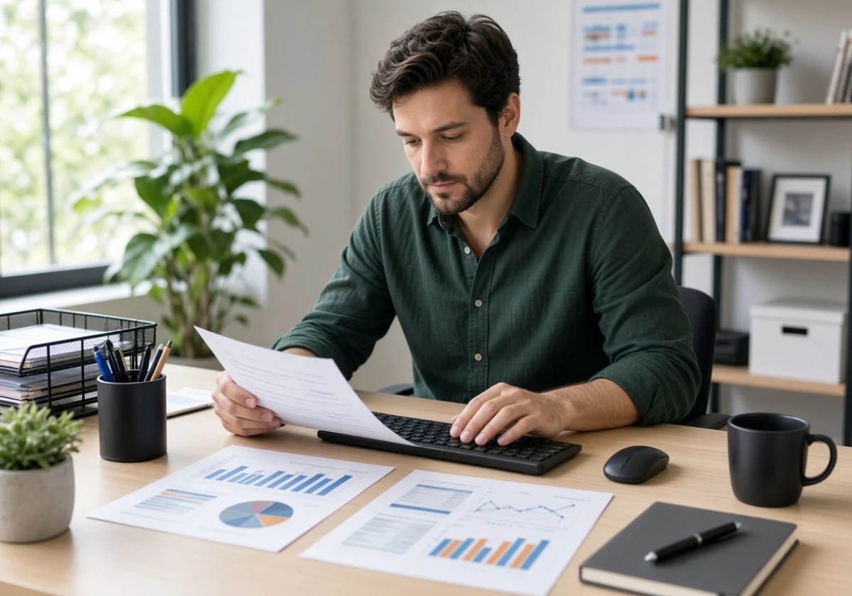 Digital marketer in a modern office sitting at their desk