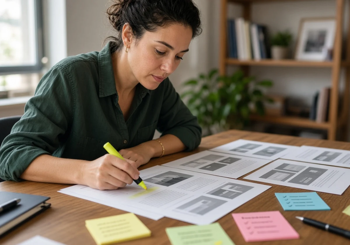 Marketer at a wooden desk reviewing printed landing page mockups