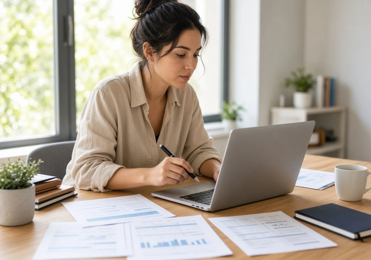 Marketing specialist at a desk in a bright office