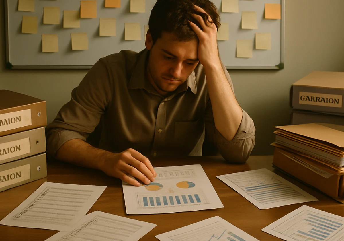 Solo marketing manager at a cluttered desk surrounded