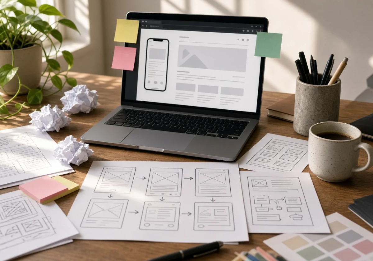 UX designer's messy desk during work